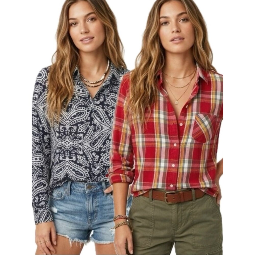 Uniqlo & Benetton Plaid Paisley Print Long Sleeve Shirt Bundle Womens Size M Lot